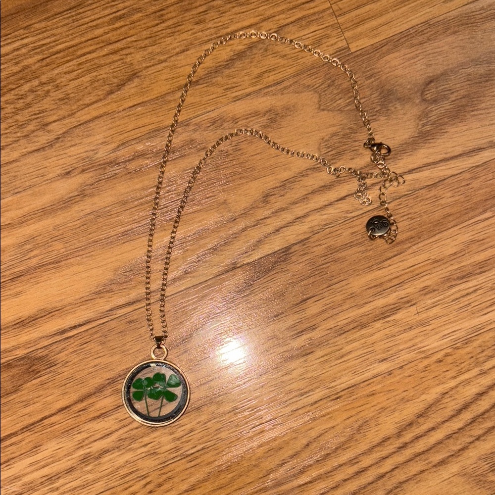 Gold Necklace with Green Clover Pendant